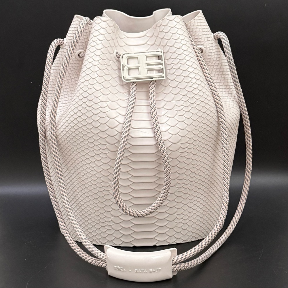 Melissa + Baja East Ivory White Textured Python Rubber Sac Bucket Drawstring Bag